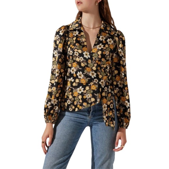 Astr Tops - ASTR The Label Women's Black Yellow Floral Asymmetrical Collared Wrap Top Size M